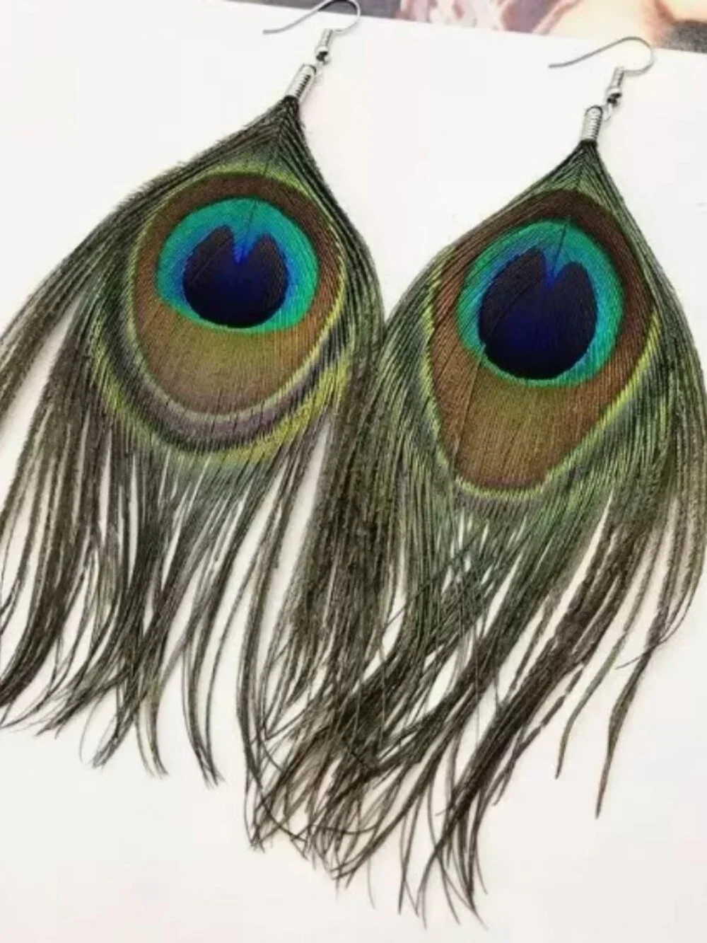 Peacock Feather Drop Dangle Earrings Bohemian Hook Earrings